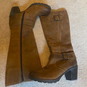 brown leather tall heeled boots